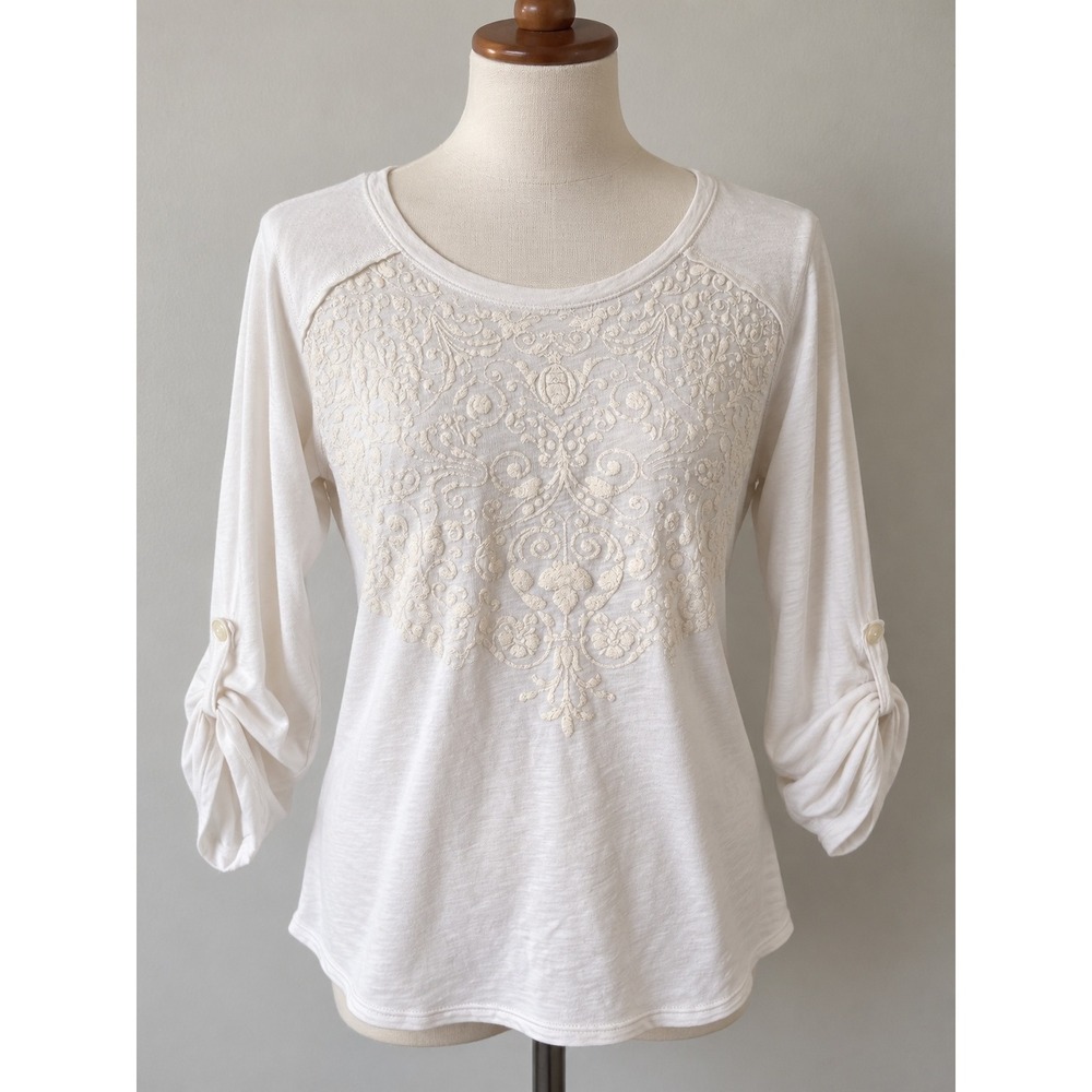 Democracy Womens White Embroidered Bib Roll Tab Long Sleeve Top XL